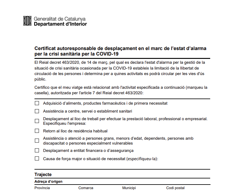 Certificat autoresponsable de desplaçament COVID-19